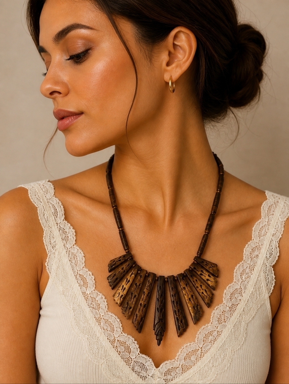 Vintage Estate Gorgeous Carved Bone Bib Beaded Long Necklace